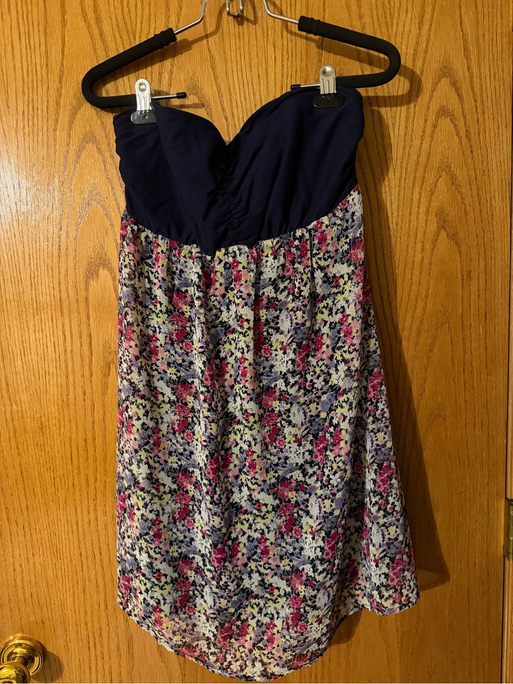 Express Strapless Navy Bodice with Pink Floral Skirt Dress